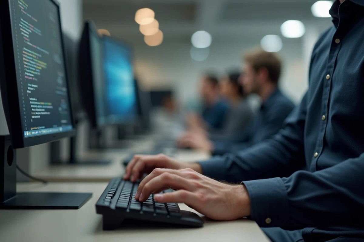Homme utilisant les touches Shift des deux côtés d'un clavier d'ordinateur de bureau au bureau