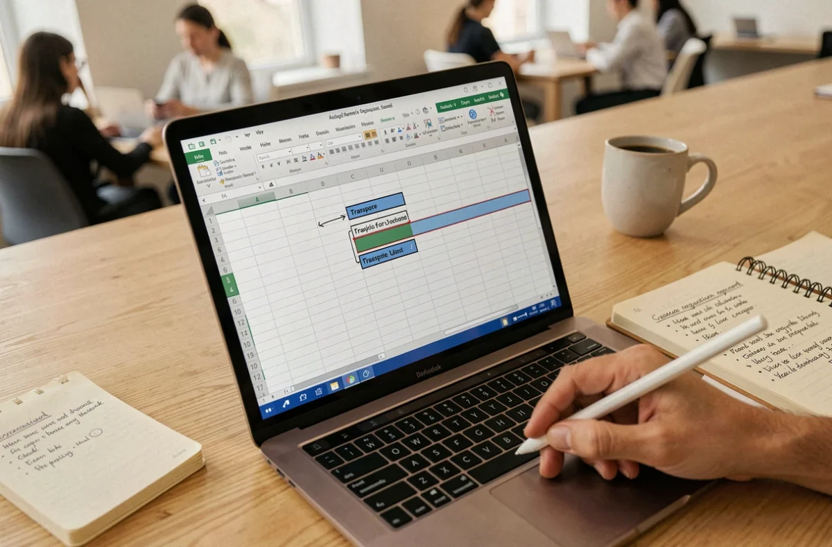 Vue aérienne d'un écran d'ordinateur portable avec tableau Excel en cours de transposition des colonnes et lignes