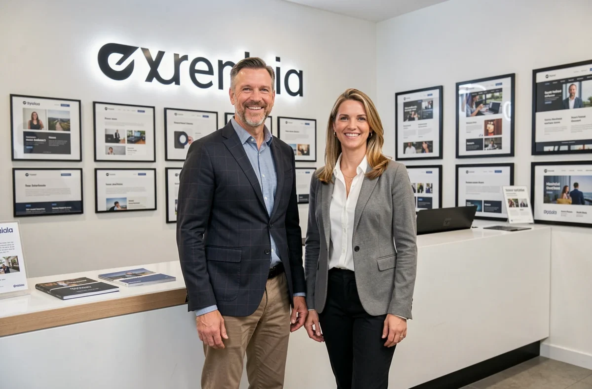 Les co-fondateurs de l'agence Webia posant devant le showroom de leur agence web avec références de projets encadrées